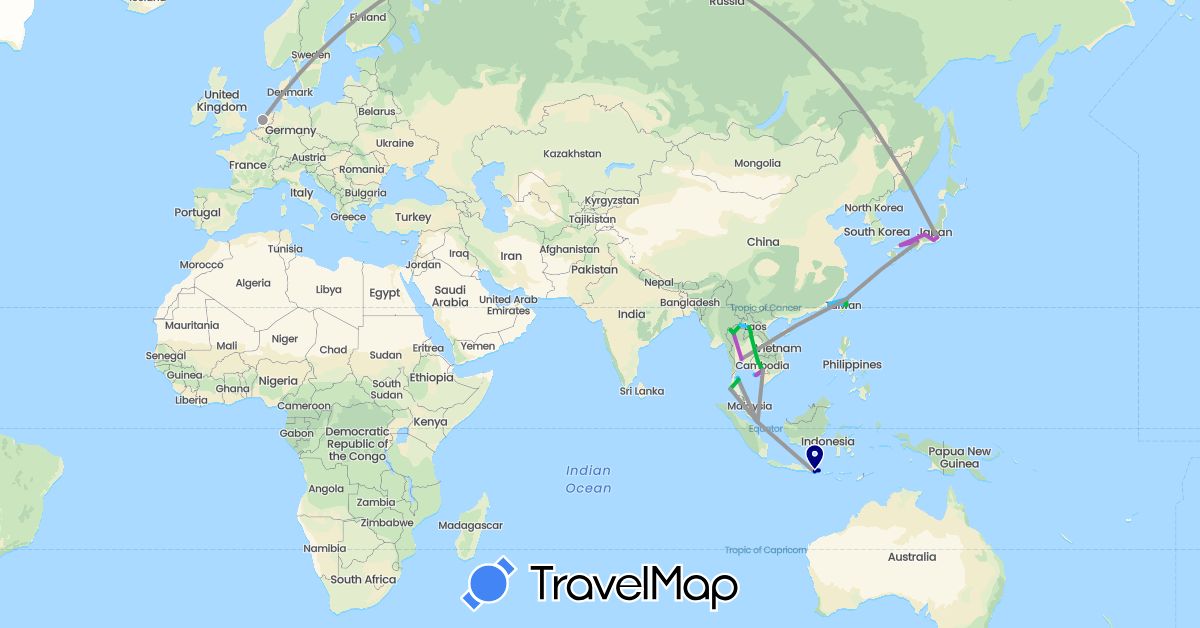 TravelMap itinerary: driving, bus, plane, train, boat in Indonesia, Japan, Cambodia, Laos, Netherlands, Singapore, Thailand, Taiwan (Asia, Europe)